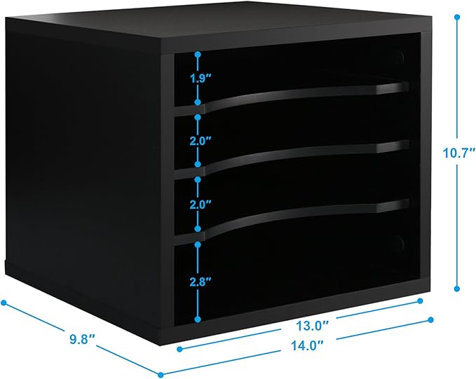 FITUEYES Wood Desk Paper Organizer with 4 Tiers Storage, Desktop File Holder, Document Letter Sorter Tray with Adjustable Shelves, Home Office Wooden Mail Rack, Black