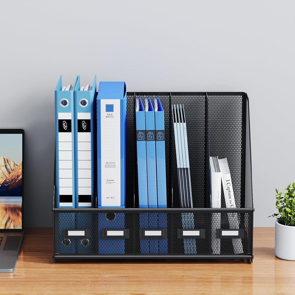Marbrasse Desk File Organizer with 5 Vertical Compartments Mesh Magazine File Holder for Office, Home, School