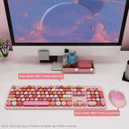 Cute Pink Wireless Keyboard and Mouse, 2.4G Retro Round Keycap for PC, Mac, Laptop, Tablet, Computer Windows