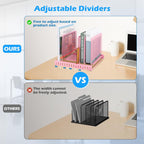EASEPRES 5 Section Vertical Metal Mesh Desk File Organizer, Spacing Adjustable Upright Desktop Paper Mail Document Magazine Sorter Folder Holder for Workspace Office School Home, Pink