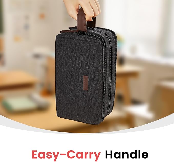 Sooez Large Pencil Case Pouch, Extra Big Pencil Pouch Pencil Bag with PU Handle & Zipper, Sturdy Pen Case with 3 Compartments, Aesthetic School College Supplies Organizer for Men Women Boys, Dark Gray