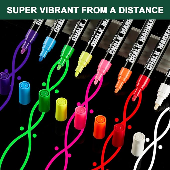 SILENART White Chalk Markers - 8 Pack - Liquid Chalk Markers for Blackboard Chalk Board Windows Glass Acrylic Calendar Board - Erasable Chalk Marker - White