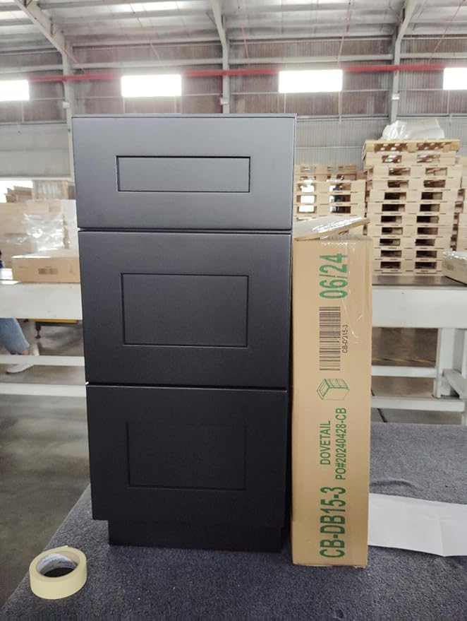 Shaker Style Charcoal Black RTA Solid Wood Base Cabinet with 3 Drawers and Soft Close Feature, 12" W x 24" D x 34.5" H, Perfect for Standalone Use or Kitchen Cabinet Combinations