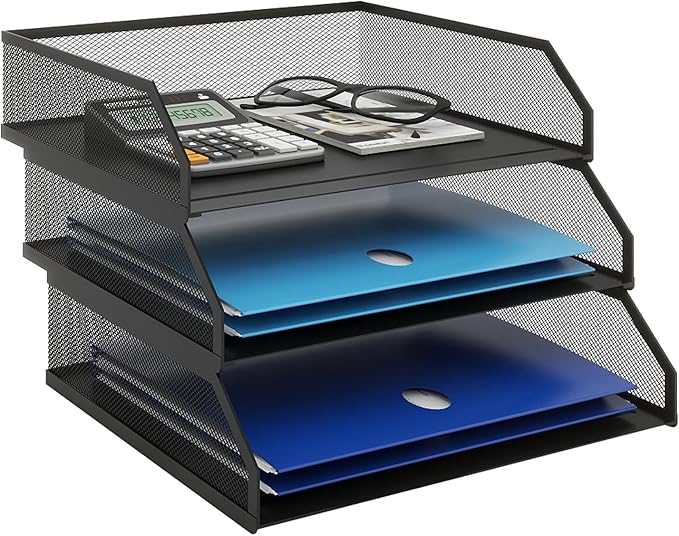 Natwind 3-Tier Stackable Paper Tray, Metal Mesh Desktop Organizer, A4 Desk Organizer, Stackable Letter Trays, File Folder Sorter Organizer with Sliding Tray for Home, Office, School (Black)