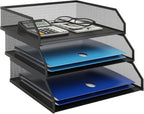 Natwind 3-Tier Stackable Paper Tray, Metal Mesh Desktop Organizer, A4 Desk Organizer, Stackable Letter Trays, File Folder Sorter Organizer with Sliding Tray for Home, Office, School (Black)