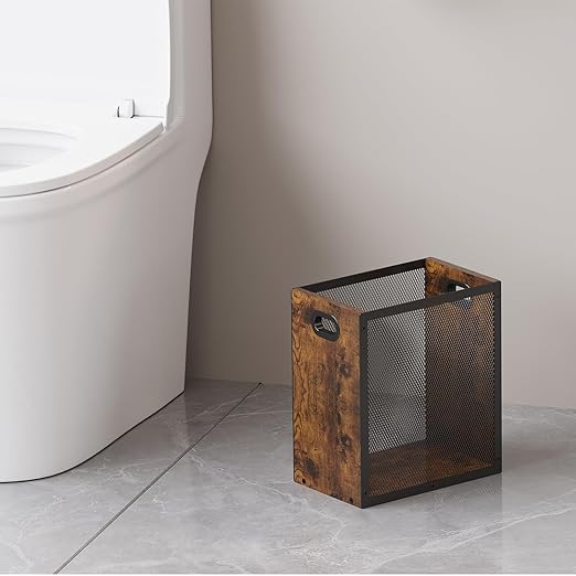 Small Trash Can, Retro Garbage Can With Handle, Iron and Wood Combination Office Trash Can, Industrial Style Design Wastebasket Bin for Bathroom, Laundry Room, Kitchen, Office, Dorm(2.2 Gallon)
