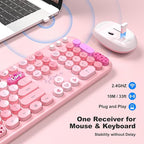 MOFII Wireless Keyboard and Mouse Combo, Full Size 2.4G Plug and Play Typewriter Retro Round Computer Keyboard and Mouse Set for Windows, Computer, Desktop, PC, Notebook - (Pink Colorful)