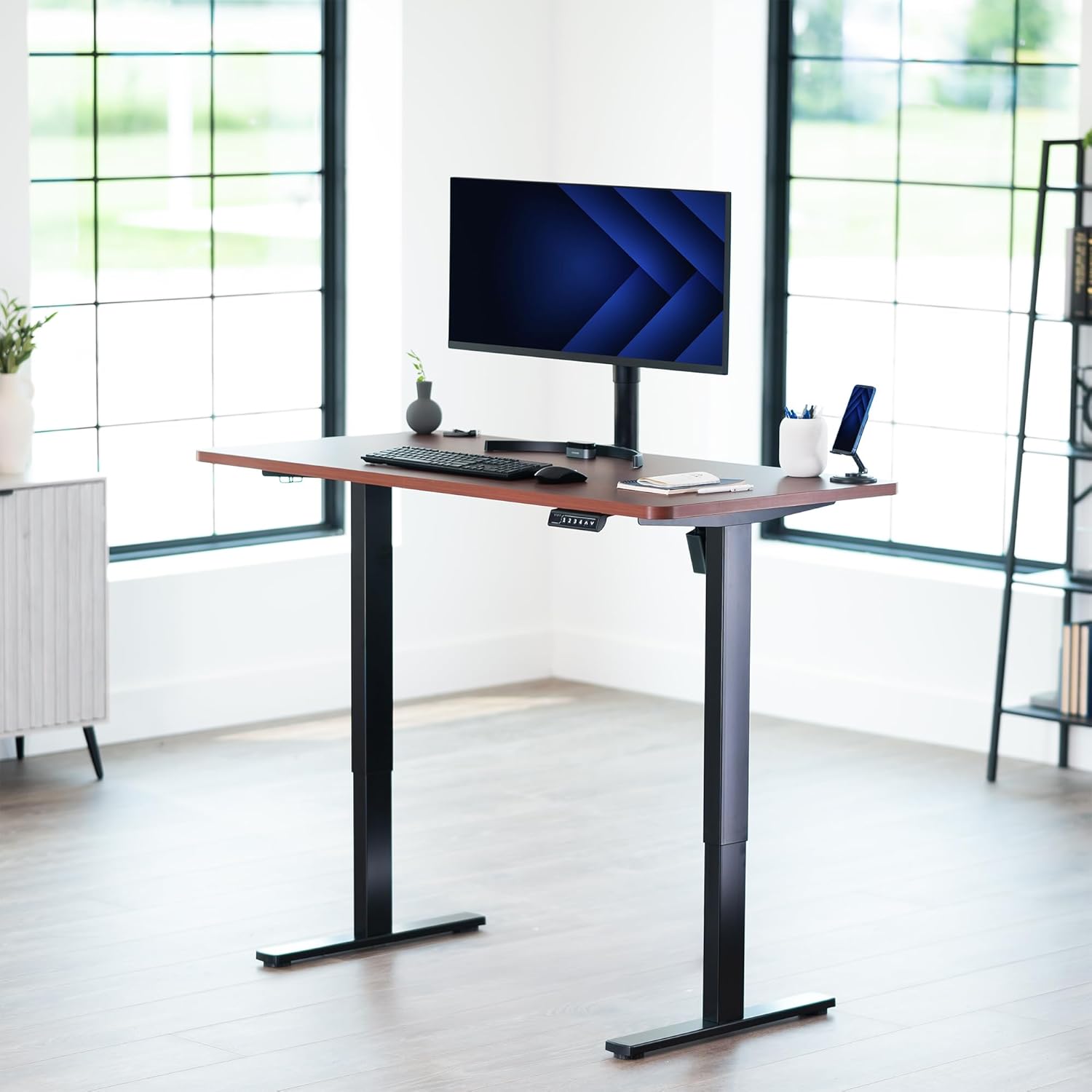 VIVO Electric 55 x 28 in Standing Desk, Memory Height Adjustment, 1B Series, One-Piece Dark Walnut Top, Black Frame, DESK-KIT-1B55D