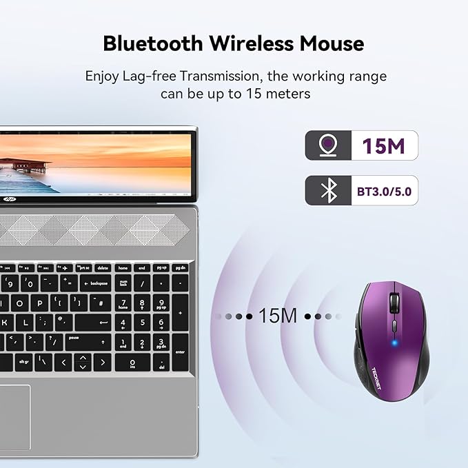TECKNET Bluetooth Mouse, 4800 DPI Wireless Mouse, 2-Year Battery 6 Adjustable DPI, 6 Buttons Compatible with Laptop/Windows/Computer - Purple