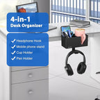 ROSLINE 3-in-1 Clip-on Desk Organizer - Pen, Headphone, and Cup Holder for Expanding Office and Gaming Space (Black)