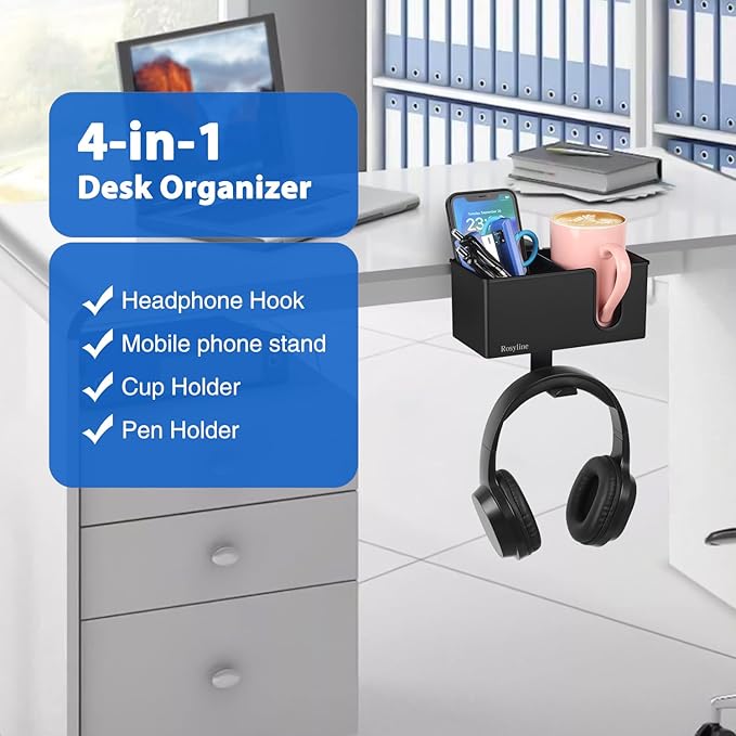 ROSLINE 3-in-1 Clip-on Desk Organizer - Pen, Headphone, and Cup Holder for Expanding Office and Gaming Space (Black)
