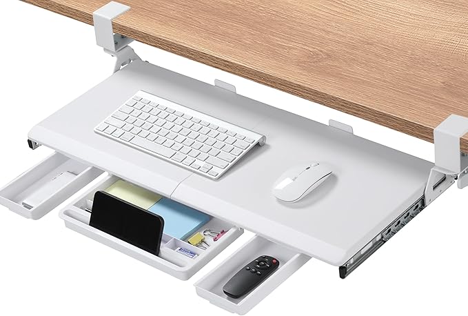 ETHU Keyboard Tray Under Desk, Pull Out Keyboard & Mouse Tray with C-clamp, Ergonomic Desk Keyboard Tray Slide Out, Pull Out Platform Drawer for Home and Office(White)