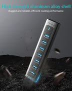 GM7U 7-Port USB 3.0 Hub, 6FT Long Cable, Aluminum, High-Speed, Multi Port Extender Hub, External Expansion Data Hub for PC Laptop, Desktop Computer, Older Mac, Black Grey