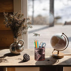 Black World Map Pencil Holder for Desk, PU leather Pencil Cup, Globe Pen Holder for Desk Office Supply Organizer PH46