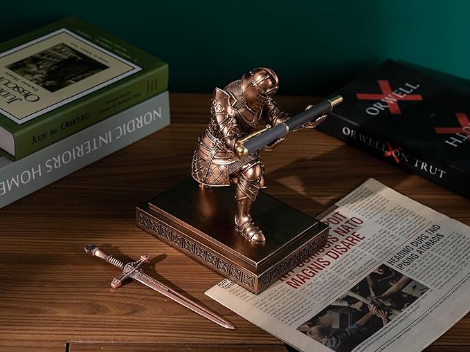 King's Guard Knight Pen Holder Pen Stand Desk Organizers and Accessories Resin Pencil Holder as Gift for Office and Home (Copper)