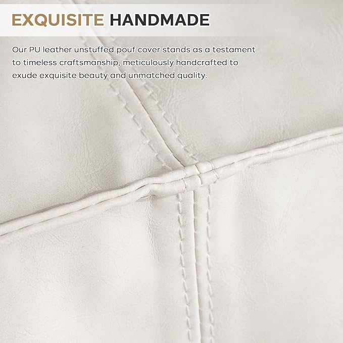 Unstuffed Pouf Ottoman Cover, 17.7x17.7 inch Faux Leather Moroccan Poofy Ottomans Cover, footrest Square White Footstool with Storage Waterproof Easy Cleaning for Living Room (Only Cover No Filler)