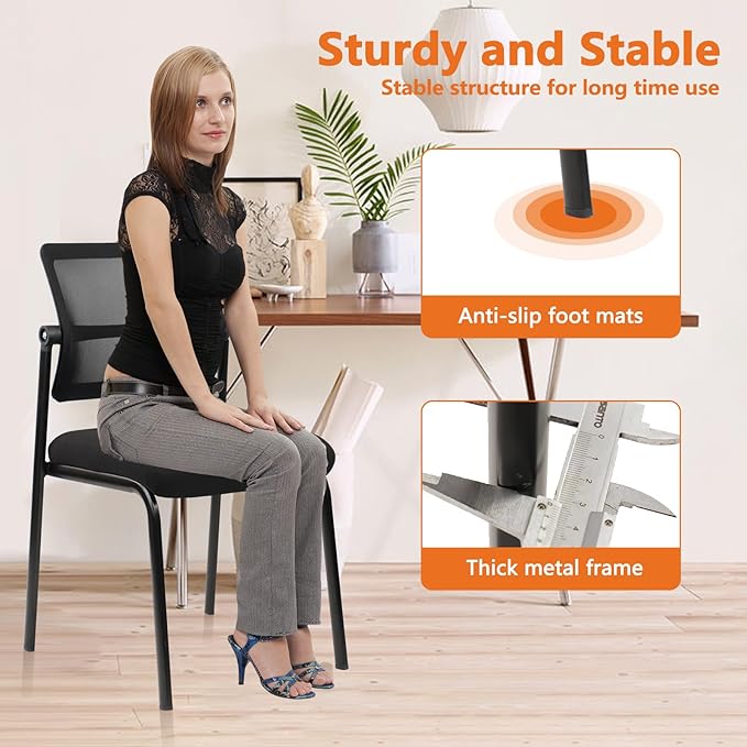 CLATINA Stacking Armless Office Waiting Room Chair with Adjustable Backrest, Stackable Mesh Guest Reception Desk Chairs with Ergonomic Lumbar Support for Home Conference Lobby Side School, Black