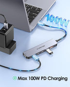 LENTION USB C Hub with 4K@60Hz HDMI, 2 USB C and 2 USB 3.2 Gen2 Transfer Data in 10Gbps Max, 100W Charging, for MacBook Pro M4, Mac Air, iPhone 15, Windows, More, Stable Driver Adapter (CE37 Gray)