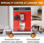 Mcilpoog Super Automatic Espresso Coffee Machine,Fully Automatic Espresso Machine With Grinder, Easy To Use Touch Screen Coffee Maker with Milk Frother.16 Coffee Recipes.(WS-203 Red)