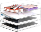 Set of 4 Office Organization and Storage, Clear PET Letter Tray Desk Organizer, Stackable Document and File Paper Organizer for Office Supplies