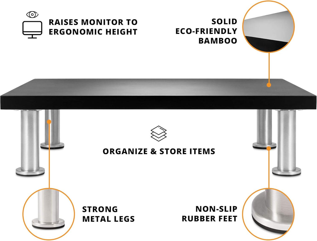 The Original Bamboo Monitor Stand (As Seen On PBS) - Monitor Riser for Computer Screen or Laptop - Desk Shelf Adds Storage Space and Improves Ergonomics - Black