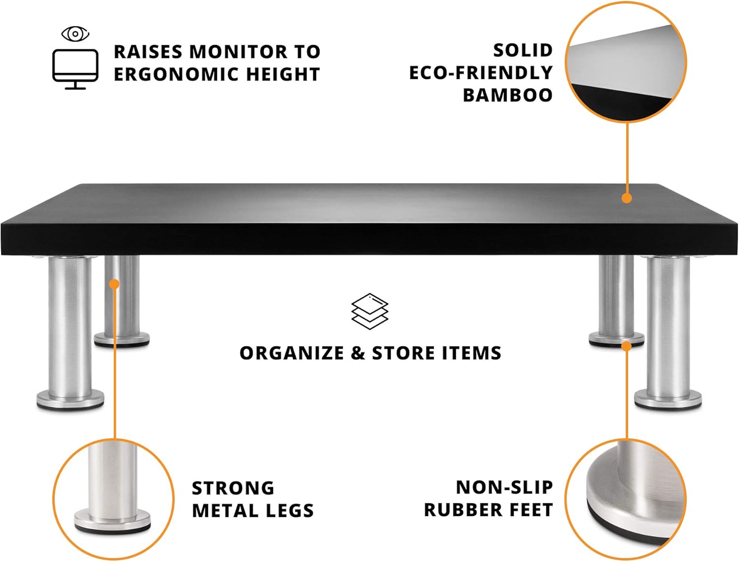 The Original Bamboo Monitor Stand (As Seen On PBS) - Monitor Riser for Computer Screen or Laptop - Desk Shelf Adds Storage Space and Improves Ergonomics - Black