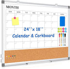 Monthly Calendar Whiteboard Dry Erase Cork Board Combo for Wall, 24" x 18" Double-Sided Calendar White Board and Bulletin Board, Portable Board for Office, Kitchen, School, Home