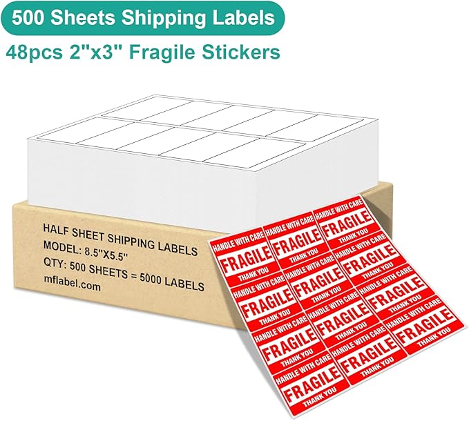MFLABEL 2x4 Shipping Labels 10-UP - 500 Sheets (5000 Labels!) for Laser/Inkjet Printers | Industrial Adhesive for Boxes/Mailers | FBA & UPS Certified + Free 48 Fragile Stickers