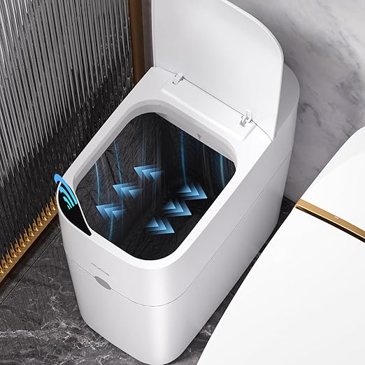 MOPUP Bathroom Trash Can, Automatic Bagging Garbage Can, 3.5 Gallon Slim Smart Small Plastic Trash Bin, Narrow Motion Sensor Trash Can for Bedroom, Office White