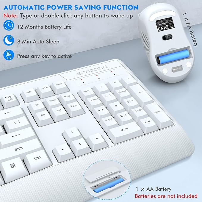 Wireless Keyboard and Mouse Combo, E-YOOSO 2.4GHz Full Sized Ergonomic Wireless Keyboard with Wrist Rest, 3 DPI Adjustable and 6 Buttons Cordless USB Mouse for Computer, Laptop, PC, Windows (White)