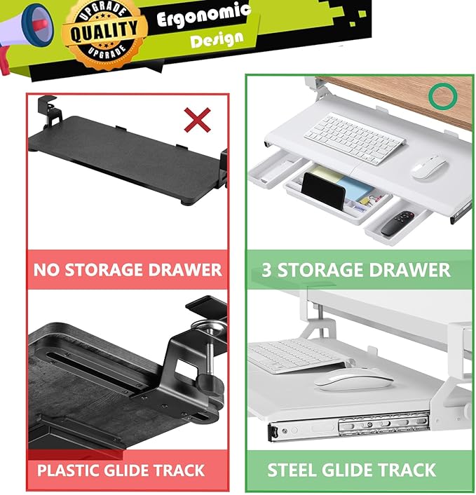 ETHU Keyboard Tray Under Desk, Pull Out Keyboard & Mouse Tray with C-clamp, Ergonomic Desk Keyboard Tray Slide Out, Pull Out Platform Drawer for Home and Office(White)