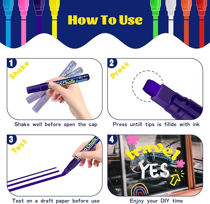 8 Pcs Liquid Chalk Markers - 7mm Assorted Colors, Washable Markers for Cars, Glass, Chalkboards, Posters, Business