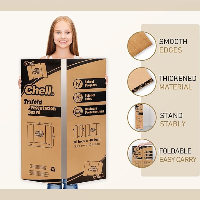 Chell 36" x 48" Large Trifold Poster Board, 4 Pack, White Corrugated Project Boards for Science Fair, School Projects, Event Displays and Business Presentations