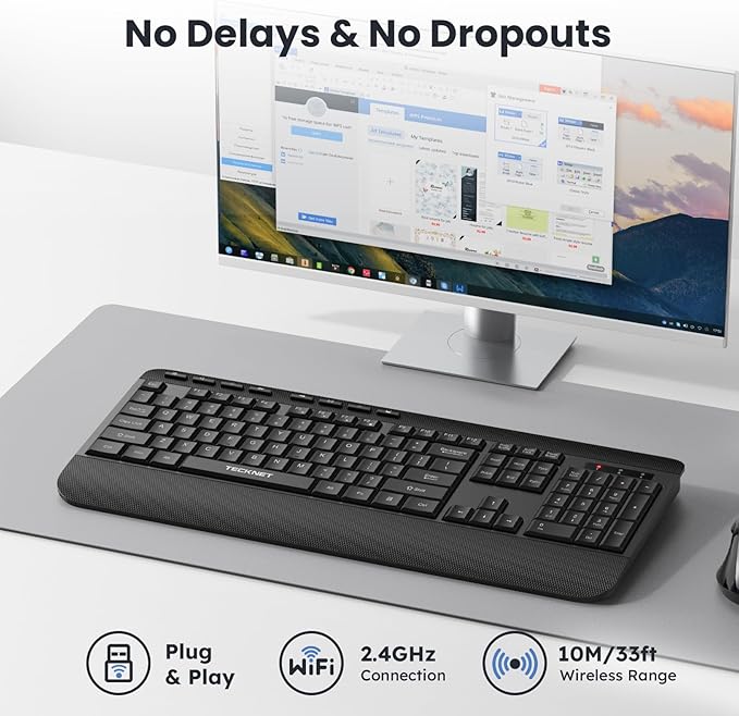 TECKNET Ergonomic Wireless Keyboard for Laptop, 2.4G USB Silent Computer Keyboard with Comfortable Palm Rest & Adjustable Feet Stand for Desktop, PC, Notebook, Surface and Windows, Full Size Layout