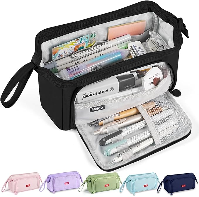 Pencil Case Pouch Large Capacity with Compartments, Pencil Case Pouch Bag with Zipper Handle for Teen Girls Boys Adults Women Men, Portable Pen Bag Stationery Organizer for Office School Travel, Black