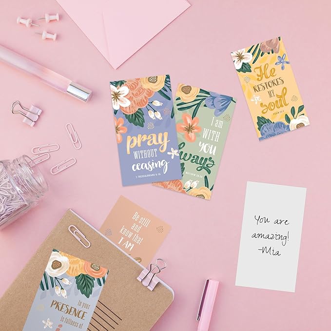 Floral Religious Motivational Mini Quote Cards / 50 Christian Encouragement Positivity Cards / 2" x 3.5" Flat Business Card Size / 25 Daily Devotional Uplifting Faith Designs / Made In The USA
