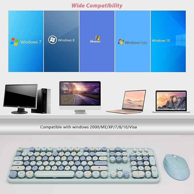 Wireless Keyboard and Mice Combo,Retro Round Keys Full-Sized Cute Keyboard, 2.4Ghz Dropout-Free Connection and Optical Mouse for Windows, Mac, PC, Laptop, Desktop (Blue-Colorful)