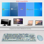 Wireless Keyboard and Mice Combo,Retro Round Keys Full-Sized Cute Keyboard, 2.4Ghz Dropout-Free Connection and Optical Mouse for Windows, Mac, PC, Laptop, Desktop (Blue-Colorful)