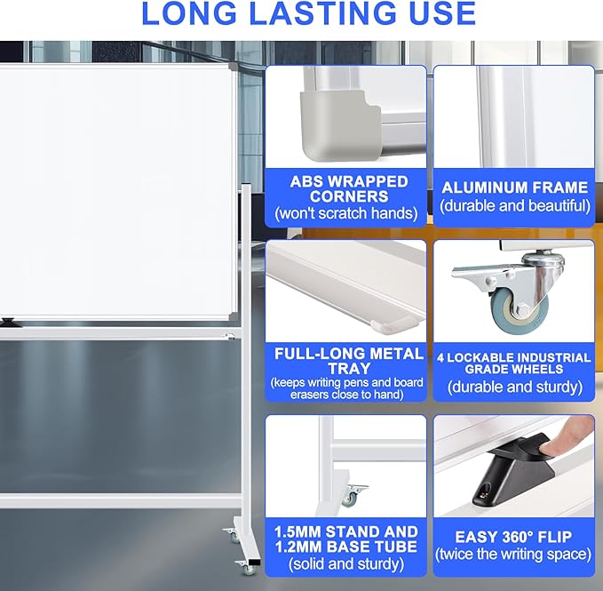 Mobile Magnet Large Whiteboard with Stand 72x40 Double-Sided Dry Erase Board with Stand - Magnetic Portable Standing Whiteboard - Rolling White Boards with Easy Flip Feature