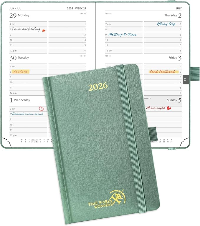 POPRUN 2026 Planner (Pocket Size 4''x 6.25'' Hardcover) - Small Calendar for Purse with Hourly Schedule & Vertical Weekly Layout, Monthly Calendars, 100 GSM - Midnight Green