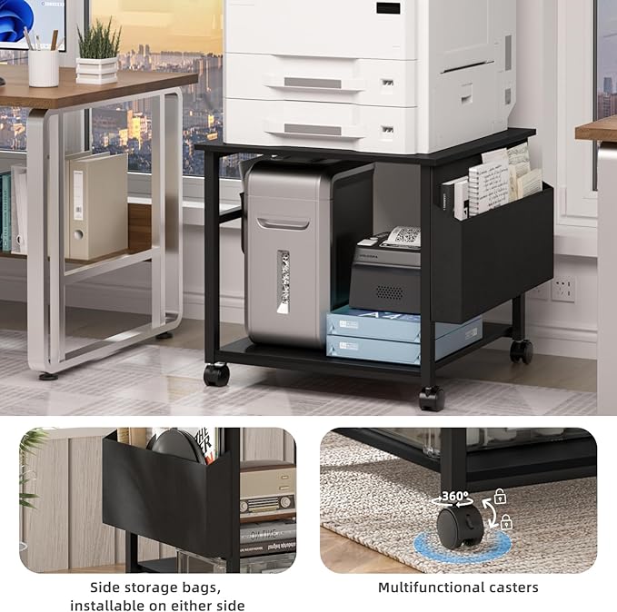 Lerliuo Large Printer Stand with Storage Shelf, 23.6 x 23.6 x 22.8 Industrial Printer Table for Home Office, Rolling Printer Cart Holder with Lockable Wheels, Mobile Mini Fridge Stand Table (Black)