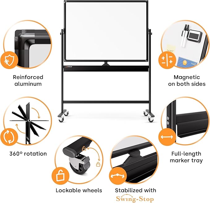 Rolling Dry Erase Board 48 x 36 - Large Portable Magnetic Whiteboard with Stand - Double Sided Easel Style Whiteboard with Wheels - Mobile Standing White Board for Office, Classroom & Home