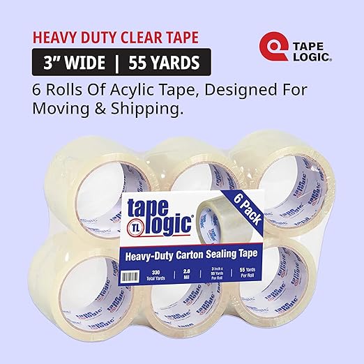 TAPE LOGIC Heavy Duty Packing Tape 3 Inch x 55 Yds, 2.0 Mil - 6 Rolls | Acrylic Clear Packaging Tape for Shipping Boxes, Moving, Home or Office Use