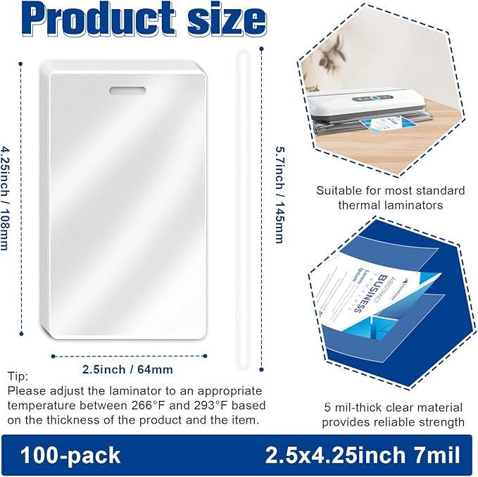 100 Pieces 7 Mil 2 1/2" x 4 1/4" Luggage Tag Laminating Pouches with Slot Hole Thermal Laminate Pouch Tags Kit Resealable for Work Permits Pass Cards Student ID Cards (100, 7 Mil)
