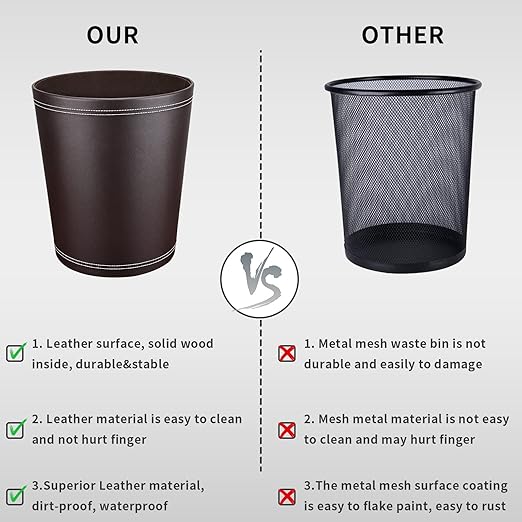 Pu Leather Trash Can for Bedroom, 2.6 Gallon Wastebasket for Office, Small Bathroom Garbage Cans for Home Decorative, Round Waste Basket Bin for Dorm Kitchen Brown