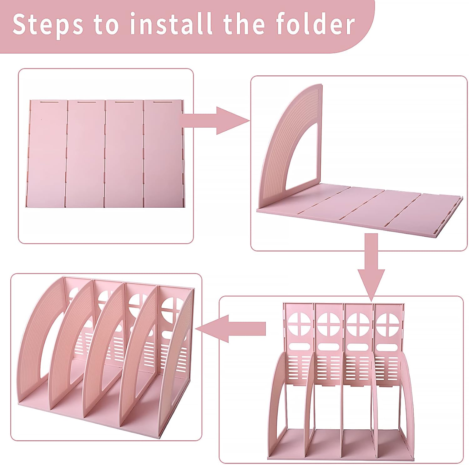 SAYEEC Magazine File Holder Folder Storage Desktop 4 Compartment Standing Hollow Pink Files Bookshelf Organizer Office Racks Displays Holds Notebooks Documents for School Working Students