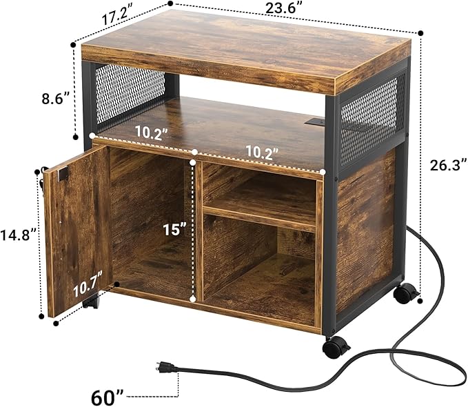 Unikito Lateral File Cabinet, Locking Office Filing Cabinets with Socket and USB Charging Port, Modern Rolling Printer Stand with Storage for A4, Letter Size and File Folders, Rustic Brown