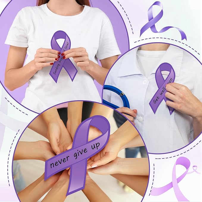 Kosiz 100 Pack Large Purple Ribbon Set 100 Alzheimer's Awareness Cutouts 2 Marker Pens 100 Wooden Clips with Rope Domestic Violence Awareness Items for Purple Recovery Month Charity Supplies