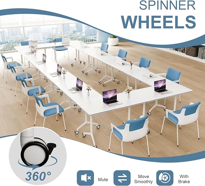 4Pack Folding Conference Room Table, Modern Conference Tables with Silent Wheels, Large Rectangular Mobile Training Tables for Office Classroom, Foldable Modular Seminar Table White (L70.9in)