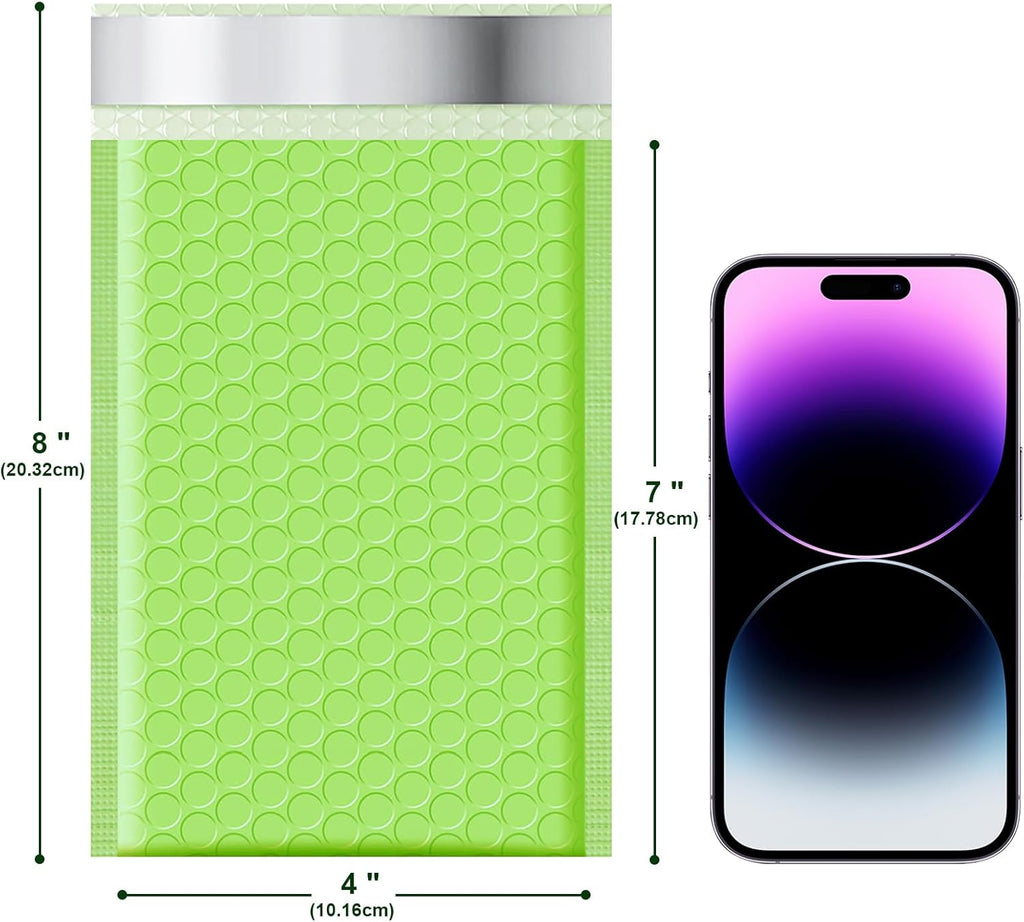 Poly Bubble Mailers 4x8 Padded Envelopes #000 50pcs, Self Seal Shipping Envelopes Padded Packaging for Small Business (Light Green)